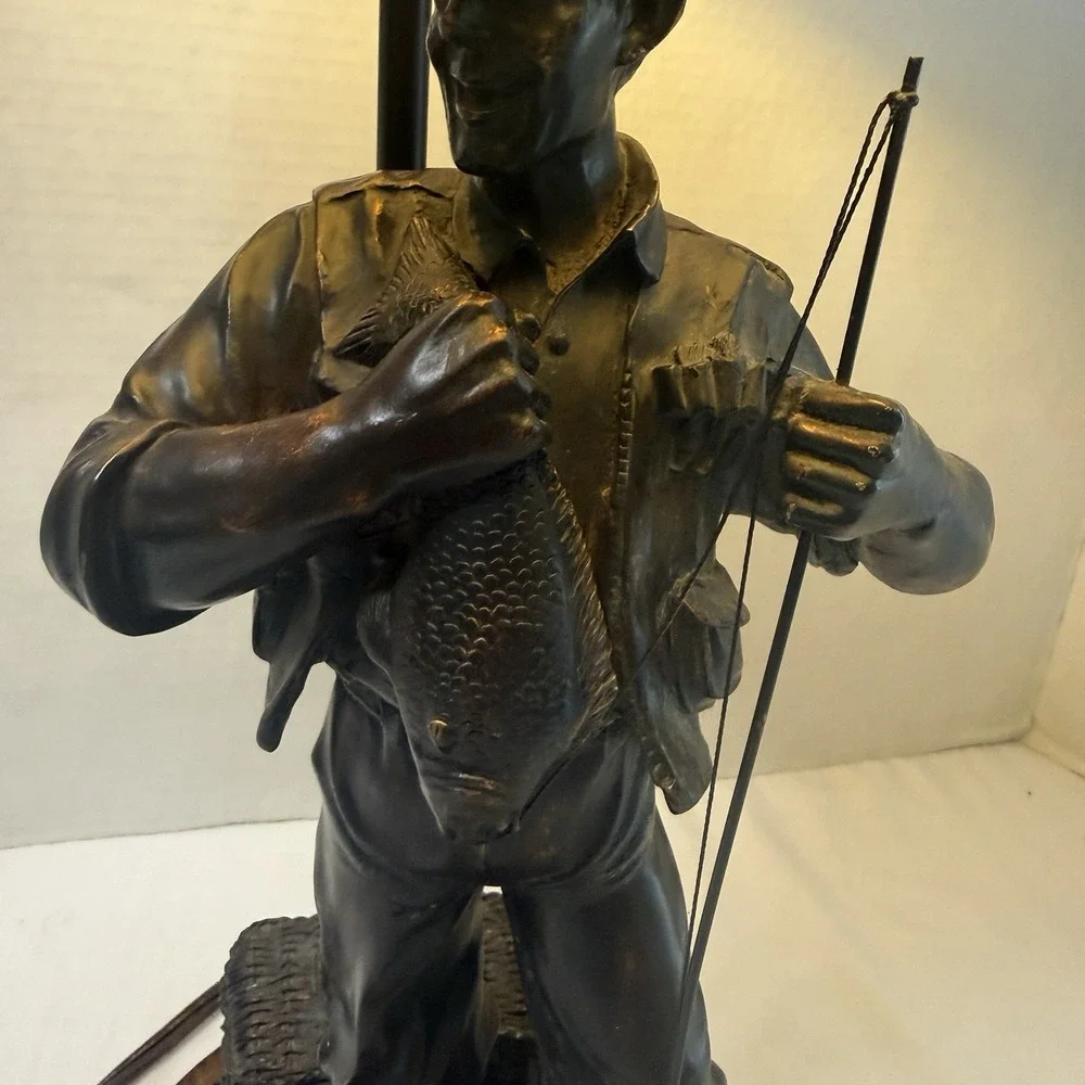 Vintage Fly Fisherman Bronze Sculpture Lamp Bass Trout Rustic Cabin Lake Decor
